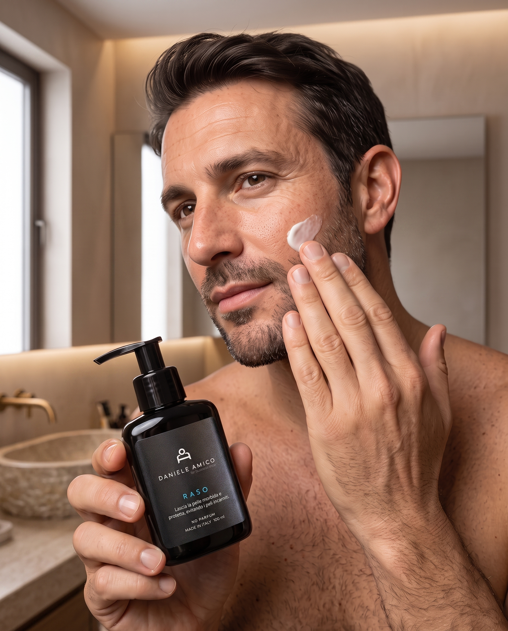 Uomo che applica la crema pre-rasatura Raso sul viso